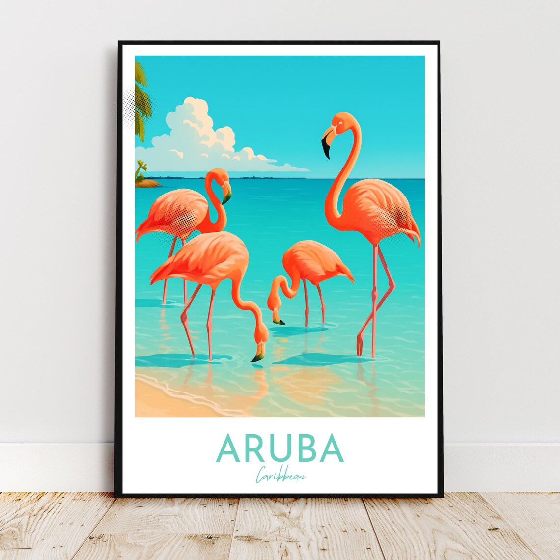 Aruba Caribbean Pink Flamingos Turquoise Water Beach Travel Poster