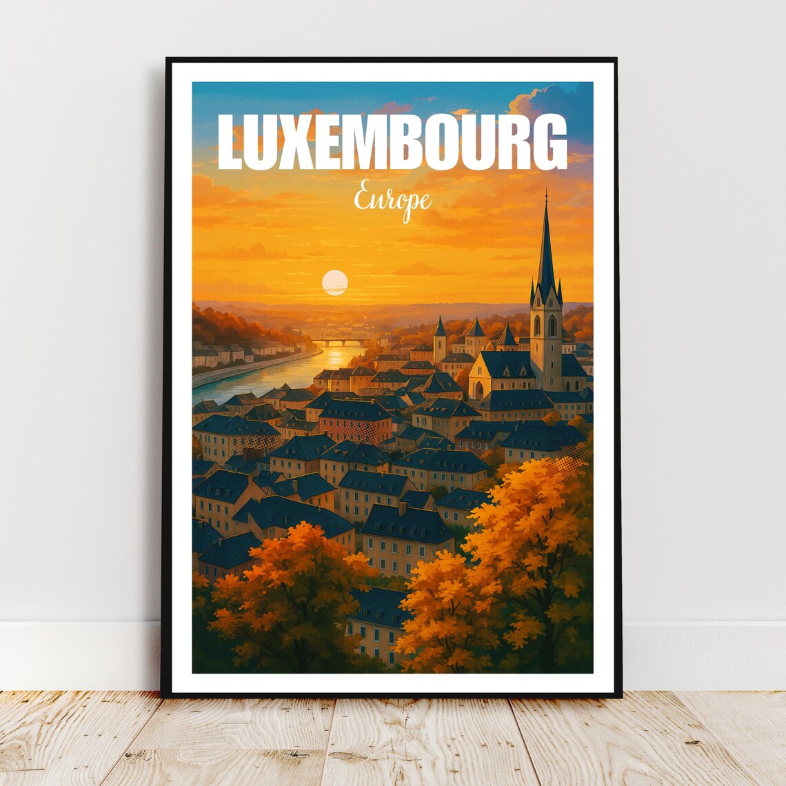 Luxembourg Europe Sunset Old Town River Golden Hour Travel Poster