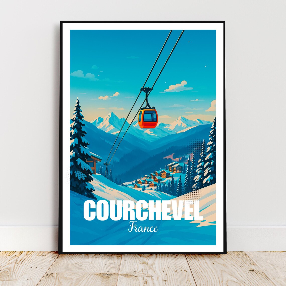Courchevel France Travel Poster Ski Resort Gondola Alpine Winter Art