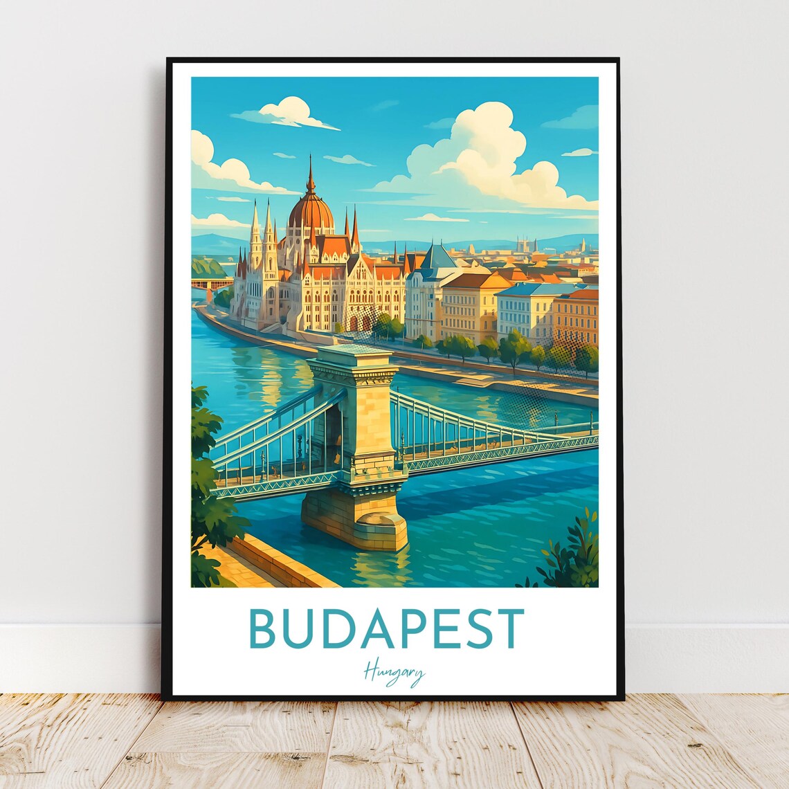 Budapest Hungary Parliament Chain Bridge Danube Travel Poster Art