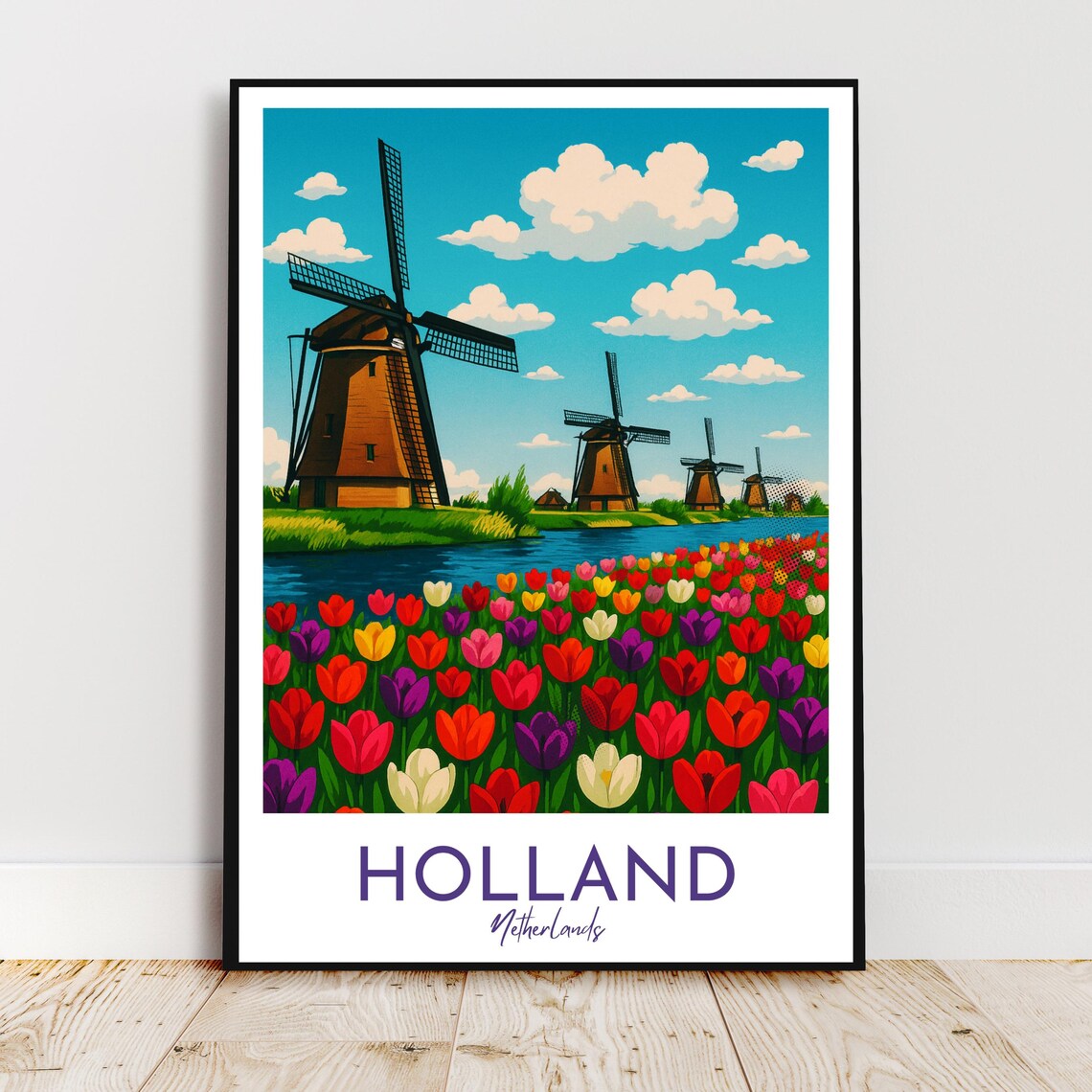 Holland Netherlands Windmills Colorful Tulips Field Travel Poster