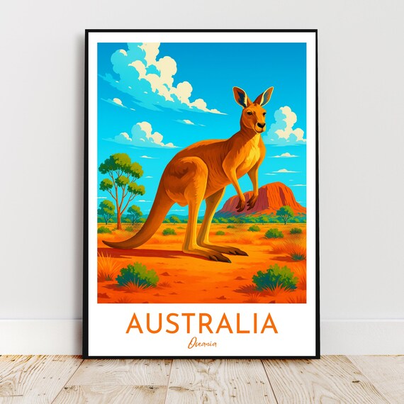 Travel Wall Poster Australia Oceania Kangaroo Uluru Modern Retro Vintage Art Gift Print