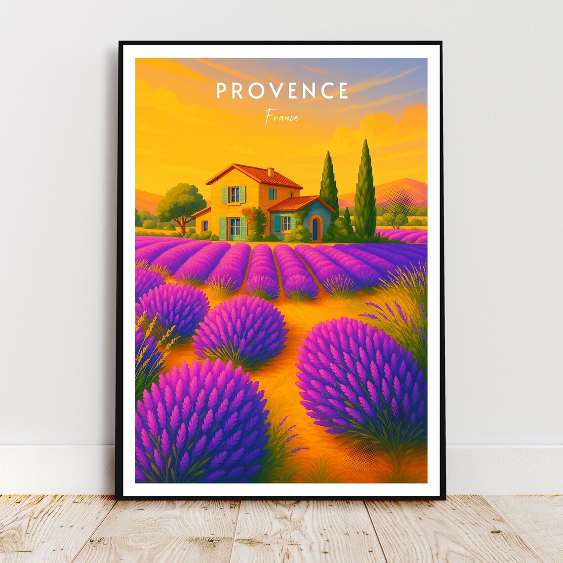 Provence France Lavender Fields Farmhouse Sunset Travel Poster