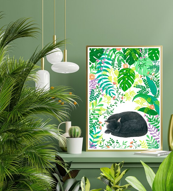 Black Cat Sleeping with Plants, Jungle Illustration