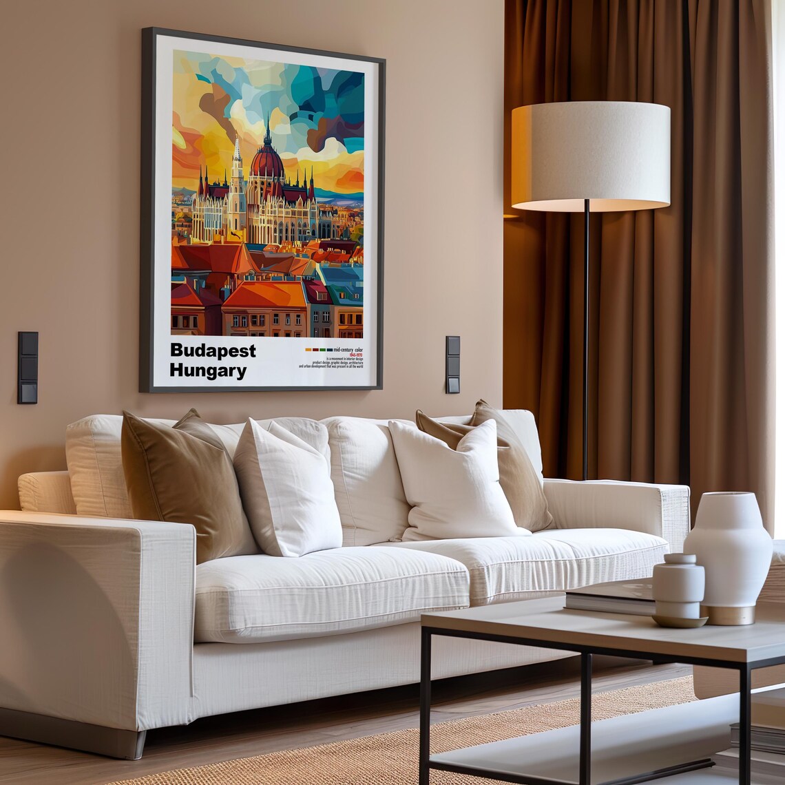 Budapest Hungary Parliament Sunset Skyline Mid Century Poster - Image 3