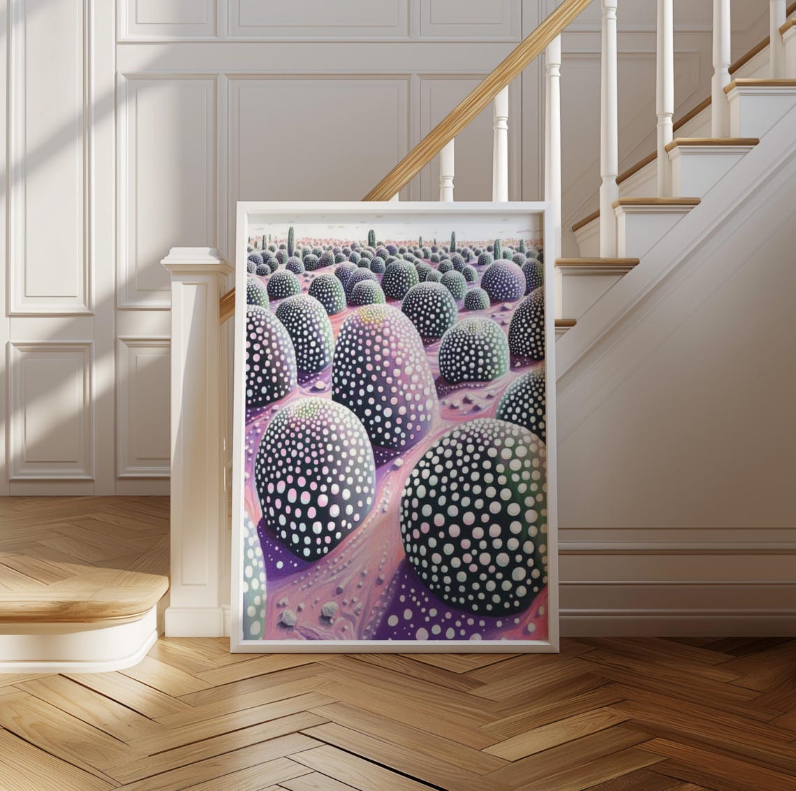 Kusama Inspired White Dotted Pumpkin Field on Pink Hills Poster - Image 2