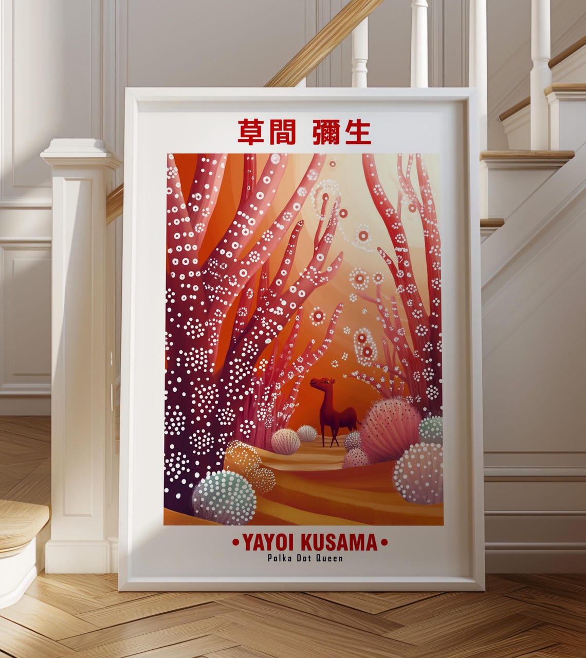 Enchanted Deer Red Dotted Trees Orange Sky Kusama Inspired Poster