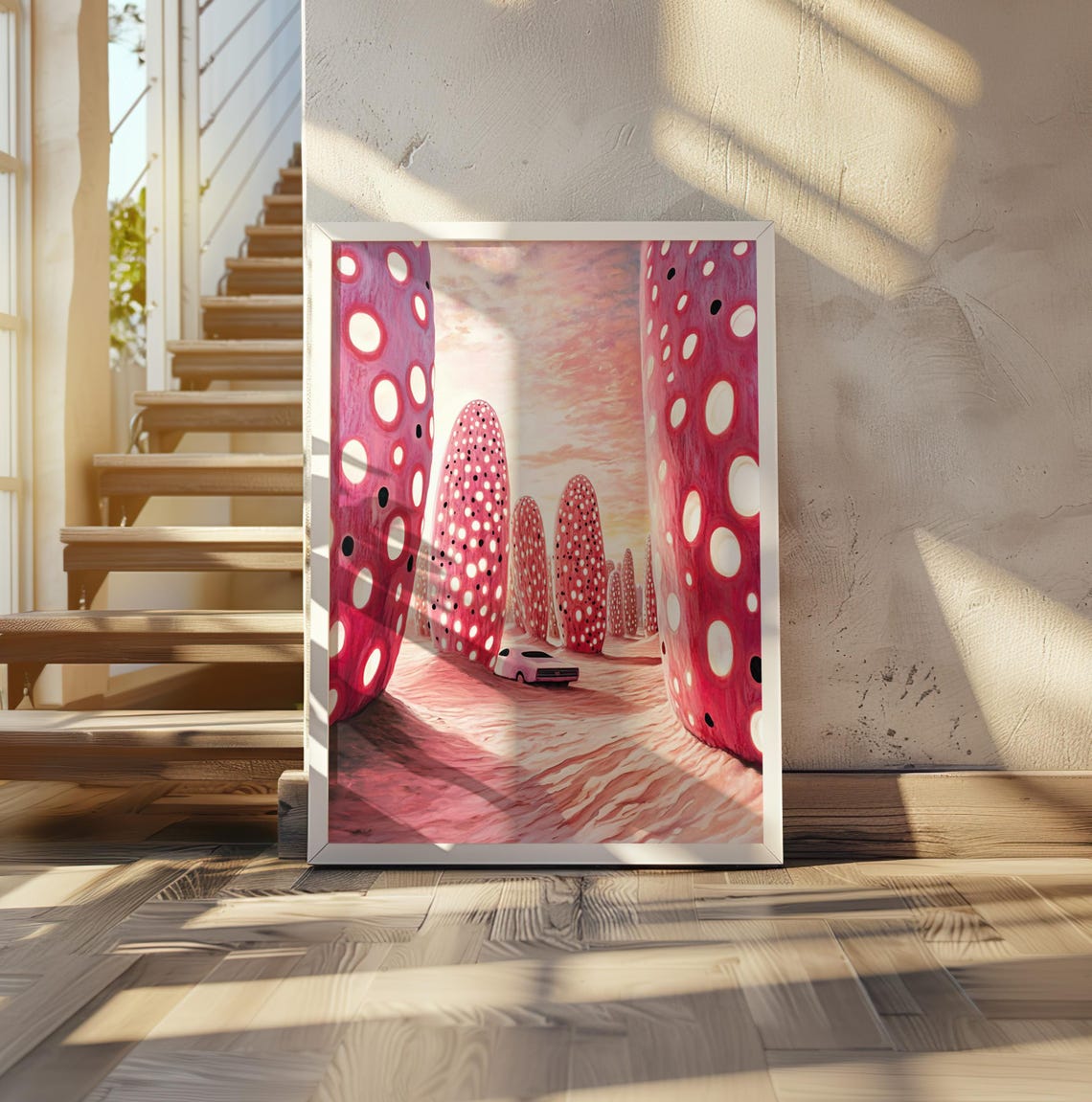 Giant Pink Polka Dot Rock Monoliths in Surreal Desert Art Poster