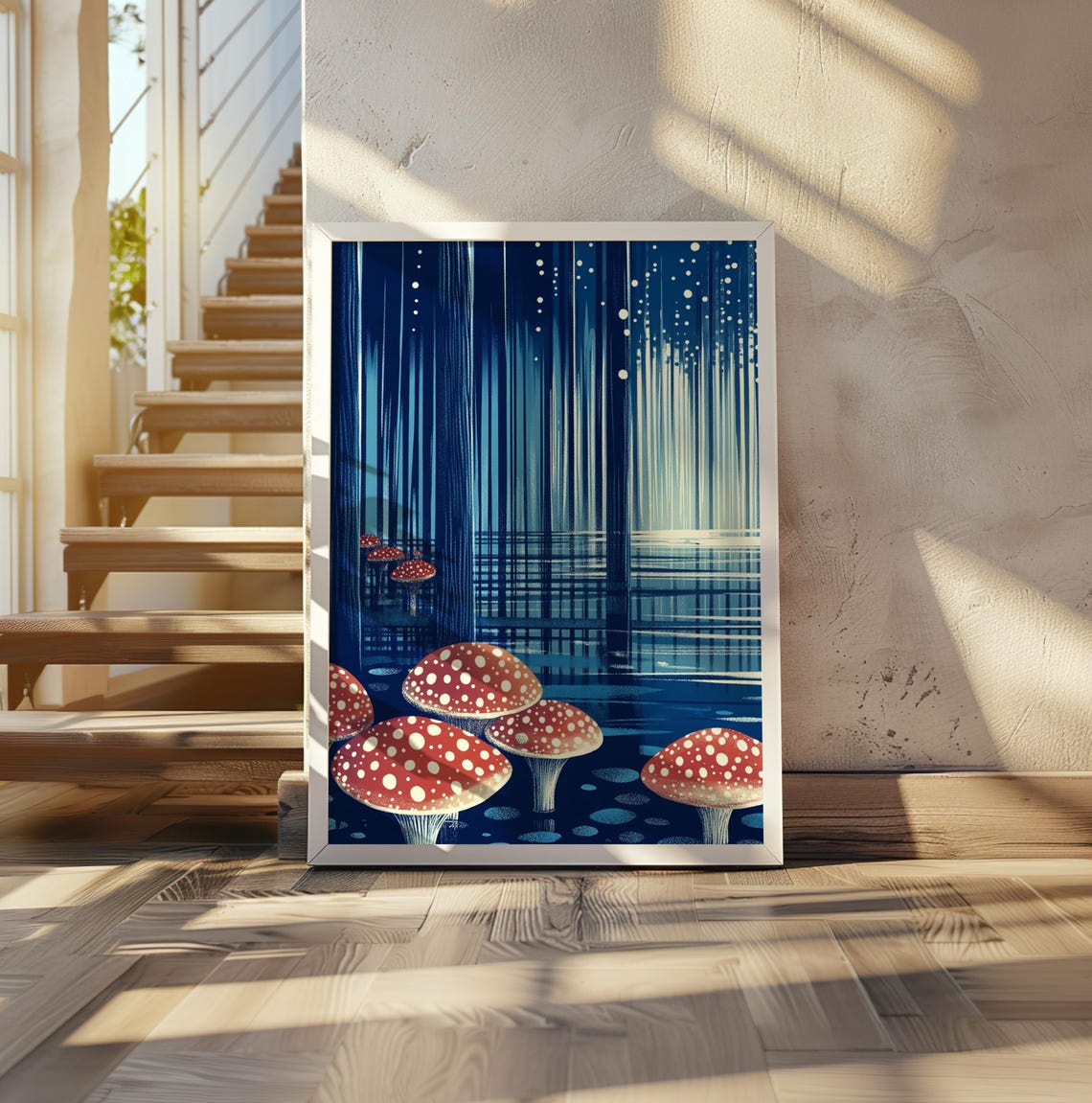 Red Spotted Mushrooms in a Night Blue Rain Forest Art Poster