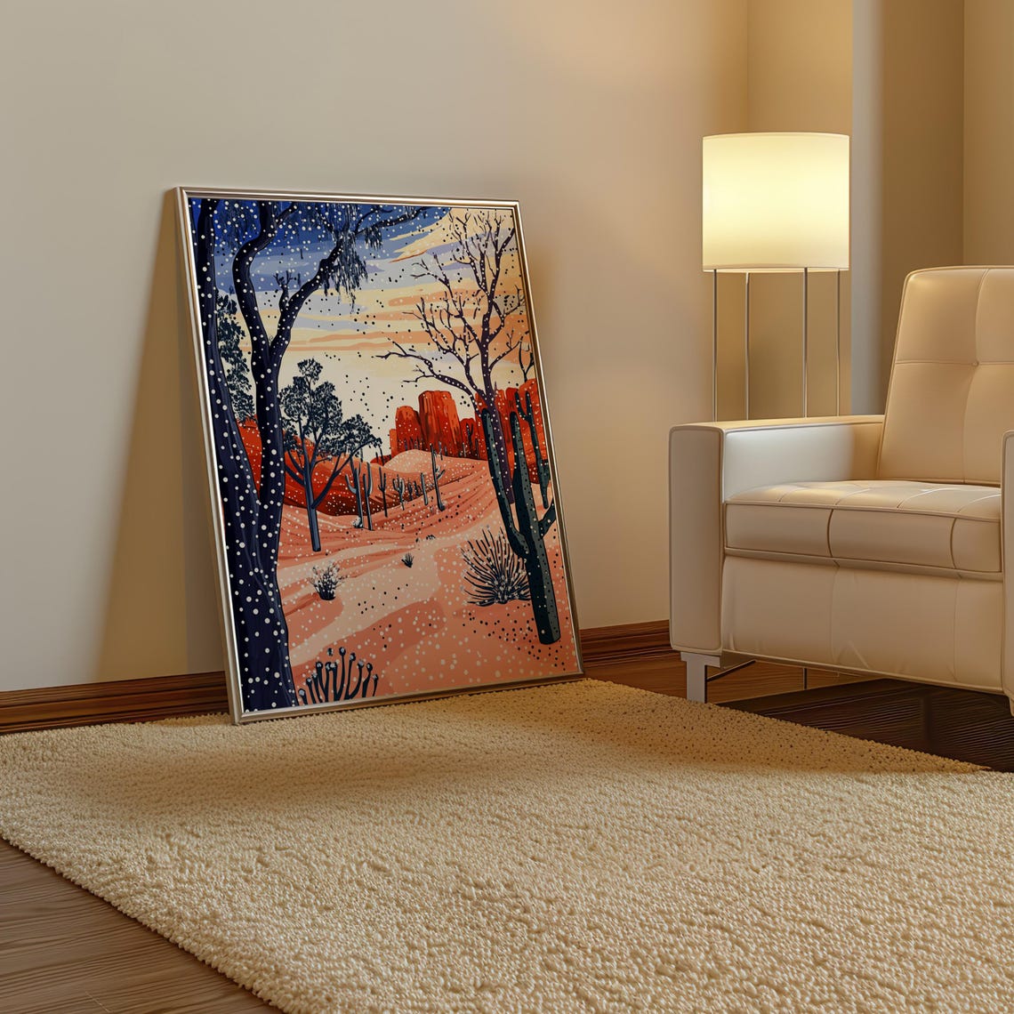 Dark Dotted Trees in Pink Desert with Red Rock Cliffs Art Poster - Image 3