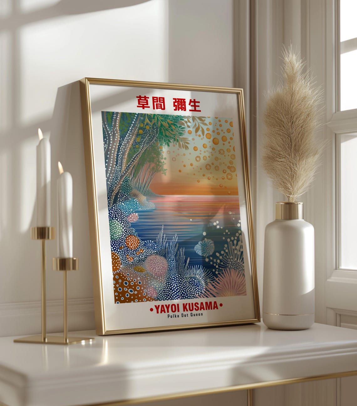 Coastal Sunset Orange Sky Dotted Shore Yayoi Kusama Inspired Poster - Image 3
