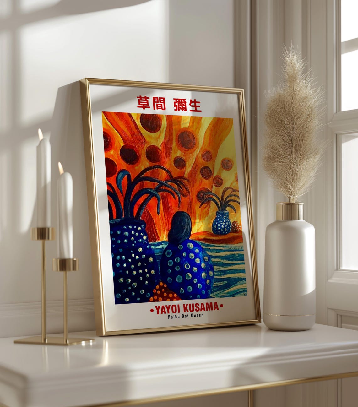 Blue Dotted Woman Orange Sunset Water Kusama Inspired Poster - Image 3