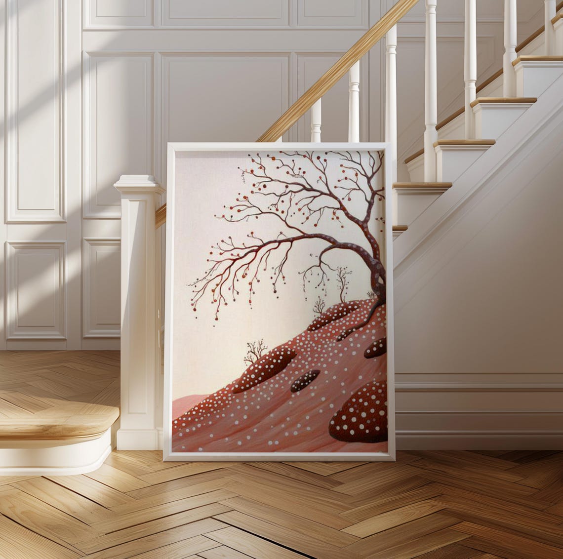 Yayoi Kusama Inspired Bare Winter Tree on a Dotted Red Hill Art Poster - Image 2