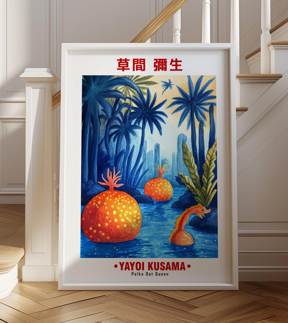 Blue Palm Lagoon Orange Gourd Floats Yayoi Kusama Inspired Poster