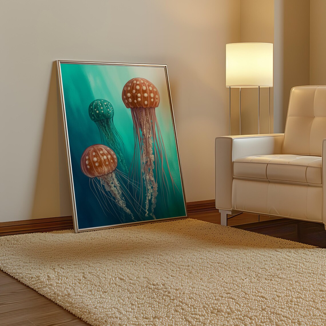 Kusama Inspired Three Jellyfish Amber Teal Dotted Trio Poster - Image 3