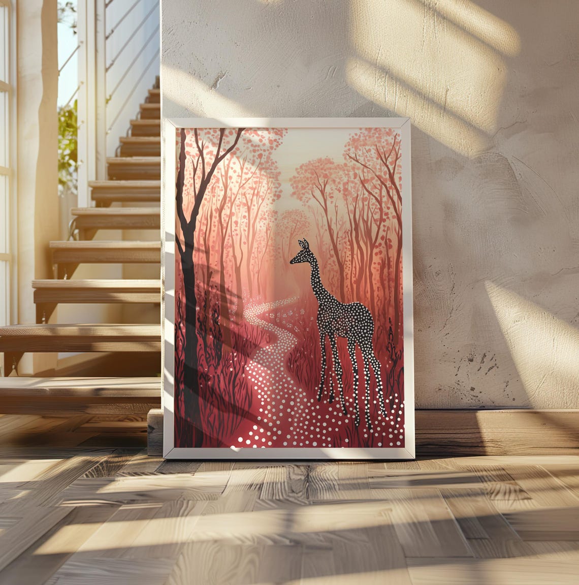 Giraffe Made of White Dots in Red Polka Dot Forest Art Poster