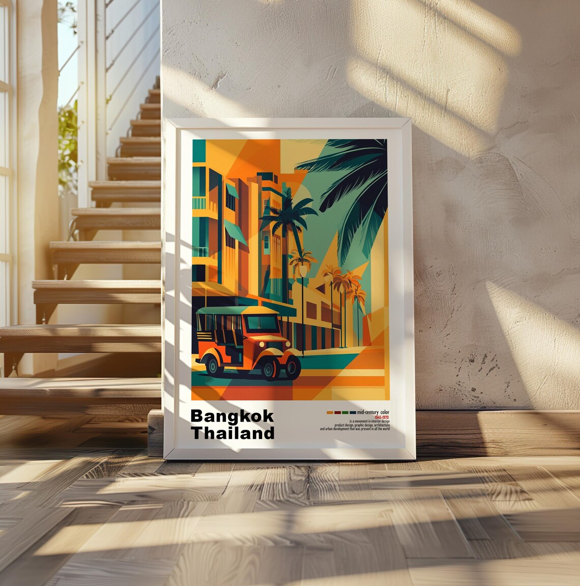 Bangkok Thailand Tuk Tuk Palm Street Mid Century Travel Poster - Image 2