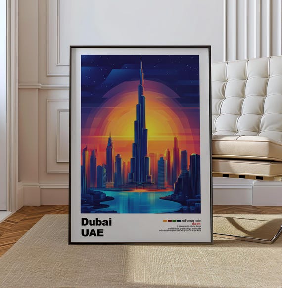 Dubai Uae Mid Century Modern Architecture Art Print Retro Minimalist City Poster With Geometric Design Bold Mid Century Dubai Life