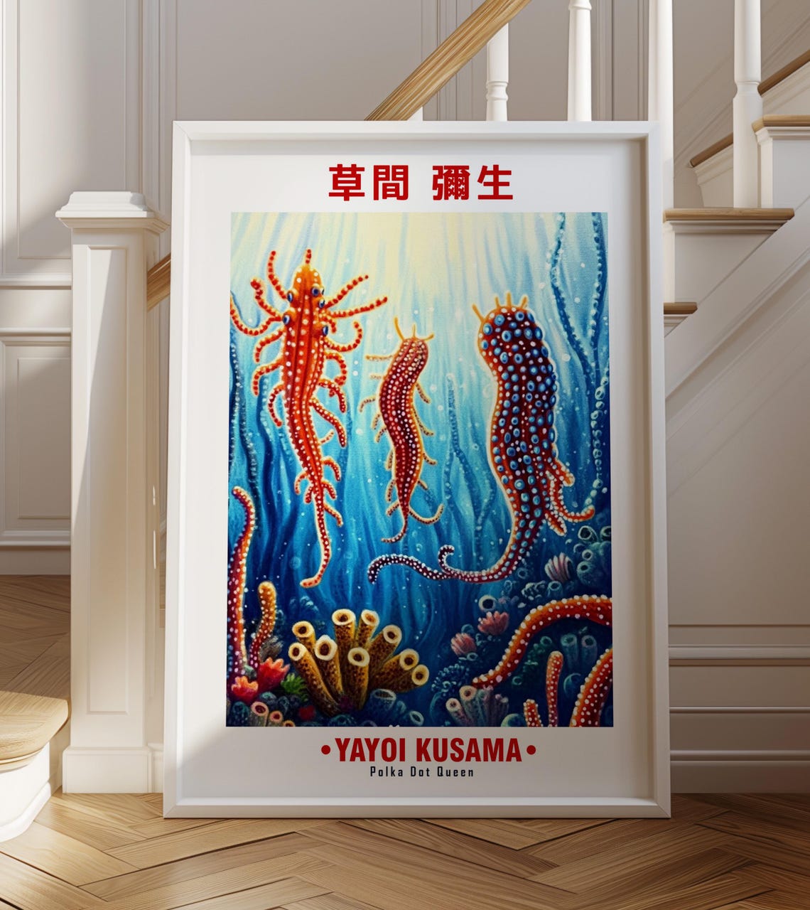 Red Octopus Trio Blue Ocean Coral Yayoi Kusama Inspired Poster