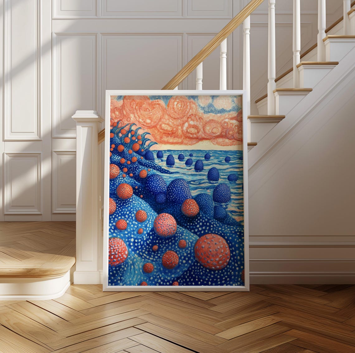 Kusama Inspired Dotted Waves Red Orbs Modern Ocean Pop Art Poster - Image 2