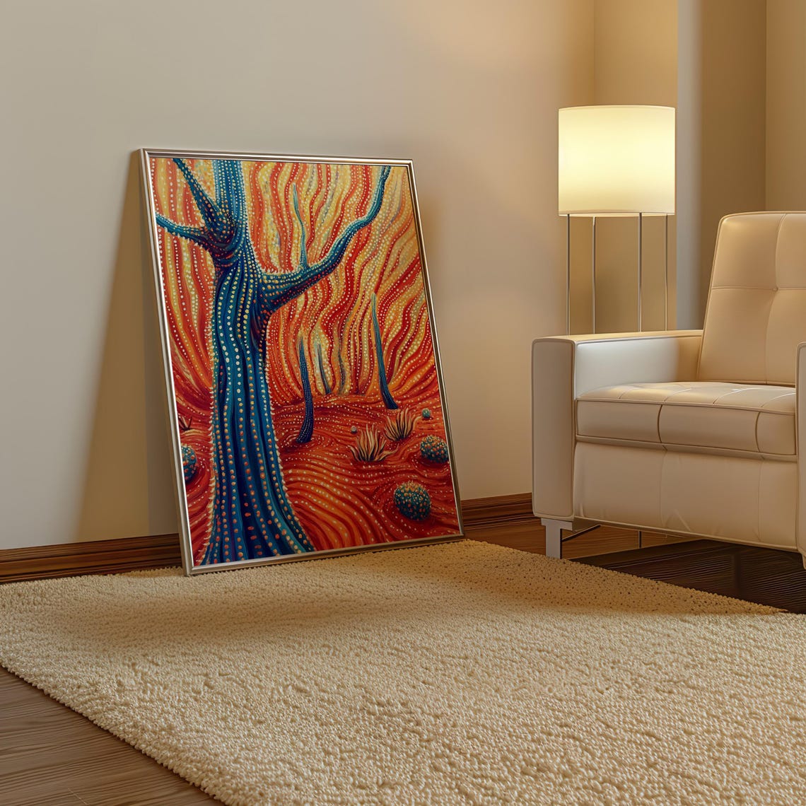 Blue Dotted Tree in Surreal Red Wavy Desert Kusama Style Poster - Image 3
