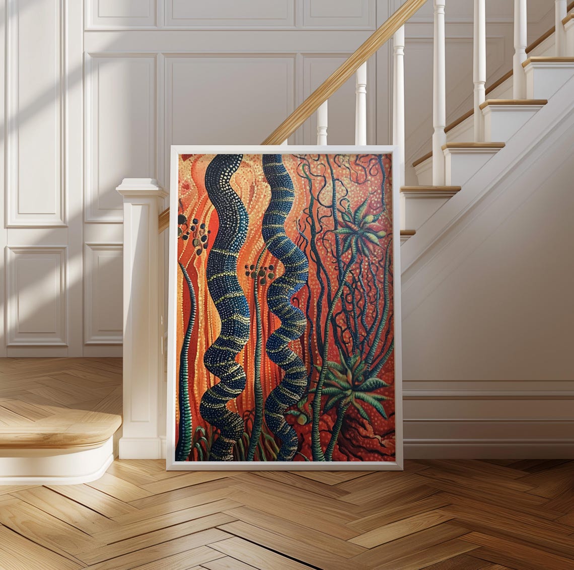 Dark Serpent Vines in Wild Fiery Orange Dotted Jungle Art Poster - Image 2