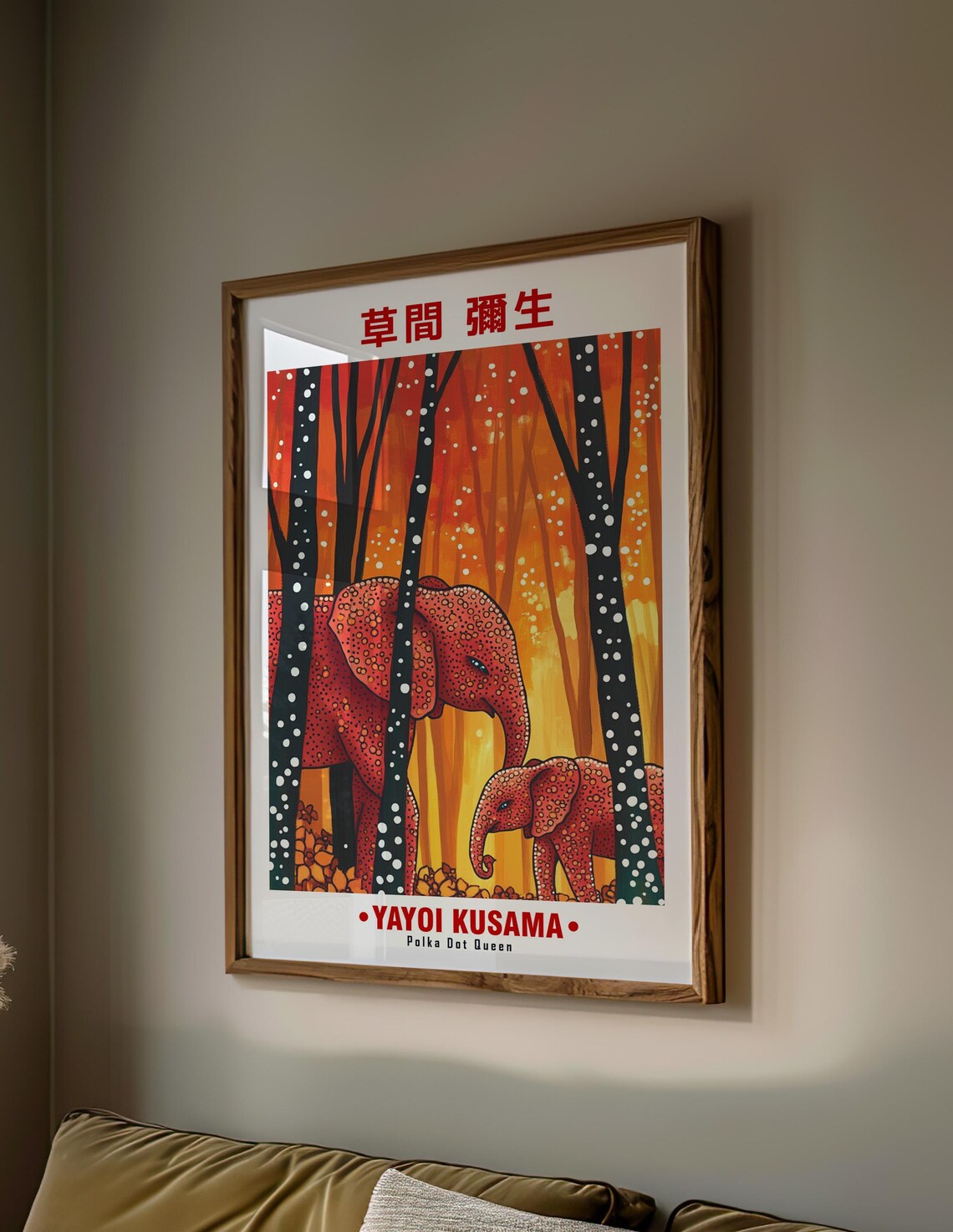 Yayoi Kusama-Inspired Red Elephants in Autumn Forest Art Poster - Image 2