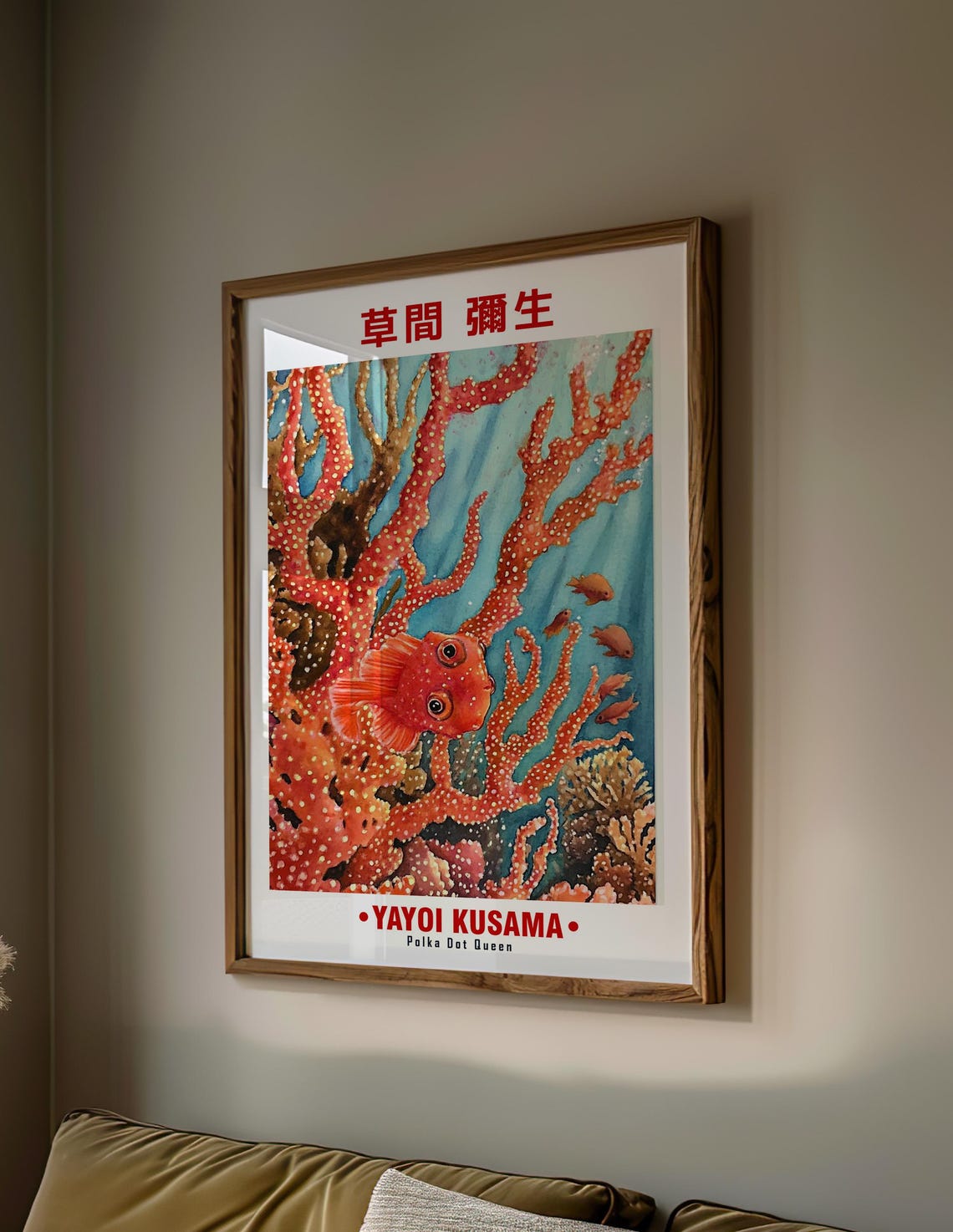Red Coral Branch Orange Fish Dive Scene Yayoi Kusama Inspired Poster - Image 2