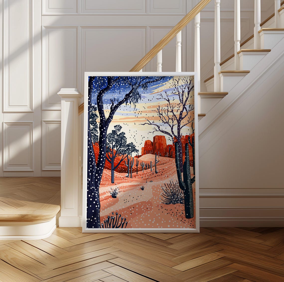 Dark Dotted Trees in Pink Desert with Red Rock Cliffs Art Poster - Image 2