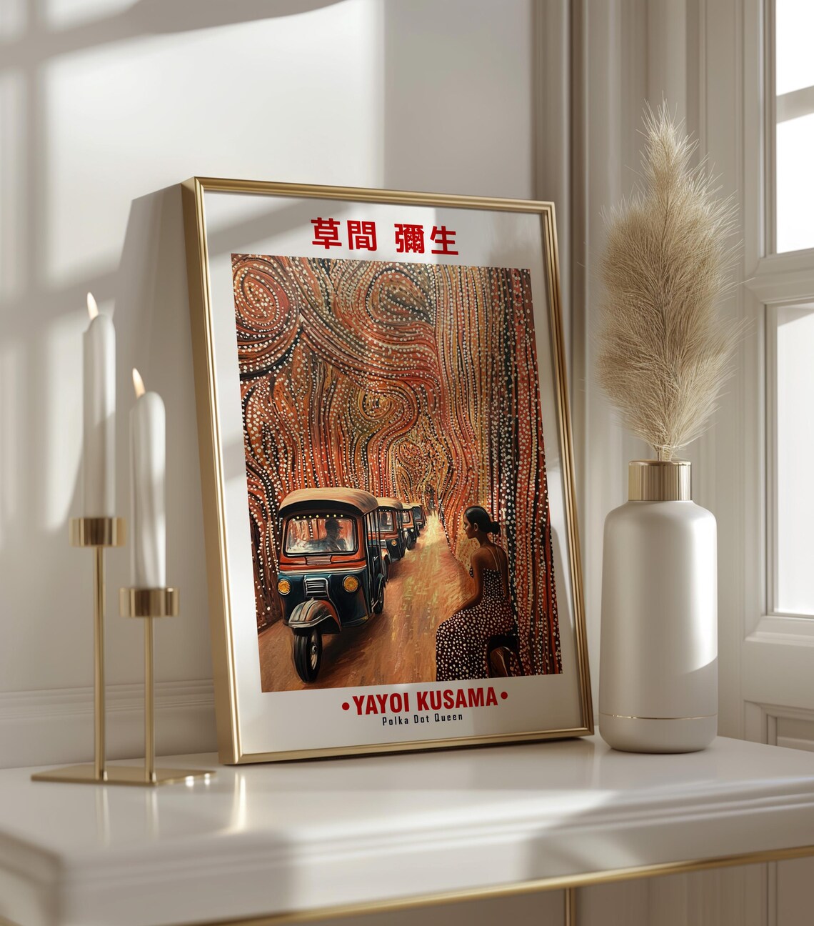 Yayoi Kusama-Inspired Tuk Tuk Street Golden Swirl Art Poster - Image 3