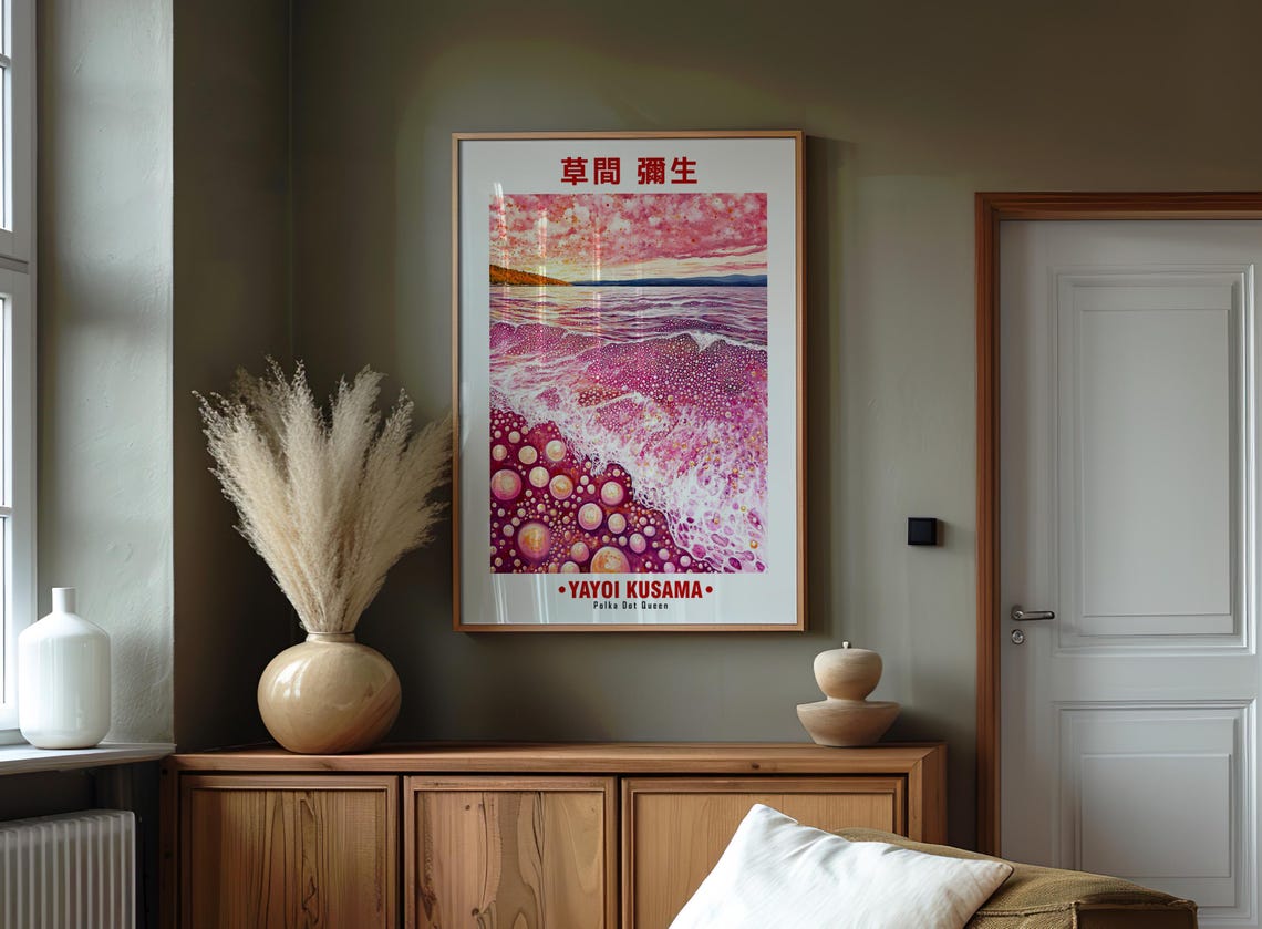 Soft Pink Polka Dot Ocean Wave Sunrise Kusama Inspired Poster - Image 2