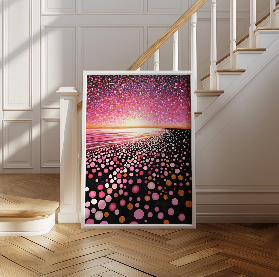 Black Sand Beach with Pink Polka Dot Sunset Kusama Style Poster - Image 2