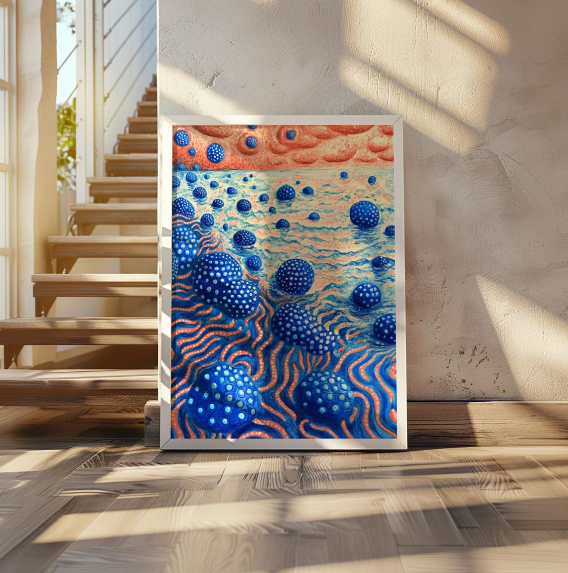 Kusama Inspired Blue Dotted Orbs Swirling Ocean Sunset Poster