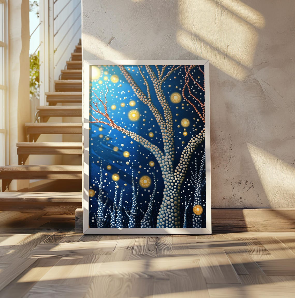 Golden Dot Tree Under Starry Blue Night Sky Kusama Style Poster