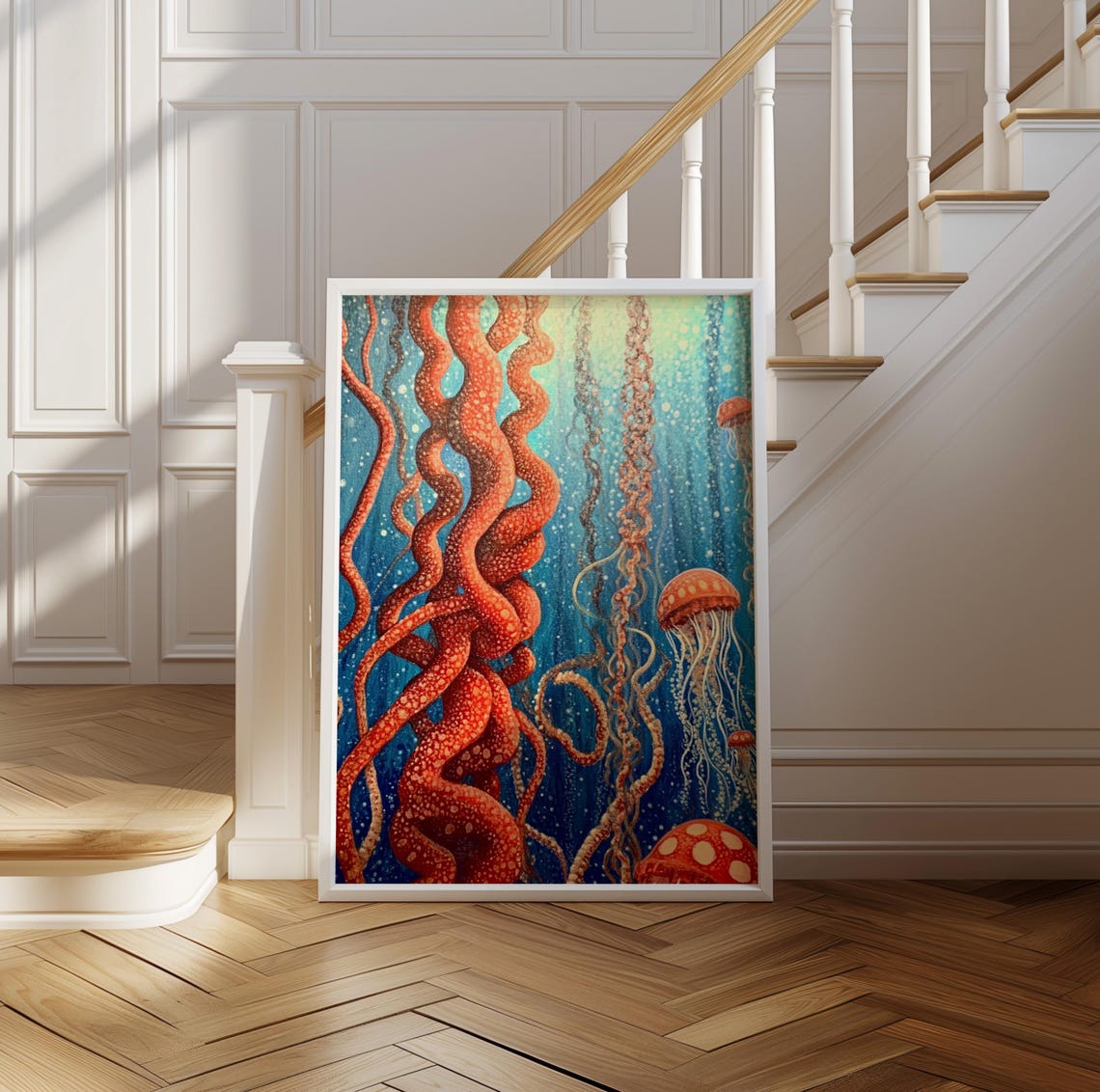 Kusama Inspired Twisting Tentacles Orange Jellyfish Abyss Poster - Image 2