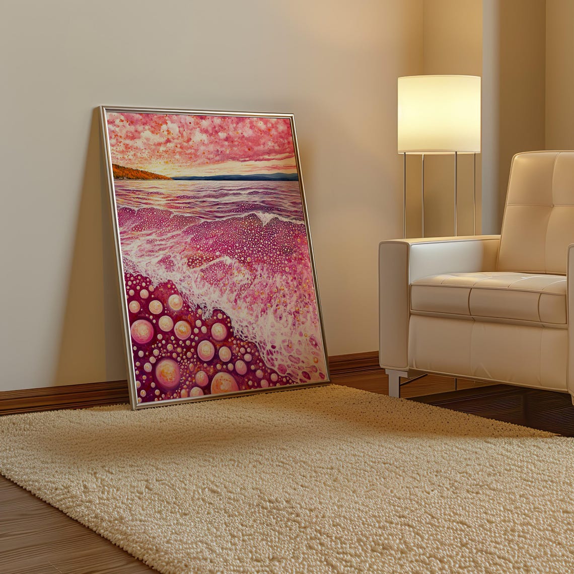 Vibrant Pink Polka Dot Ocean Waves at Magenta Sunset Art Poster - Image 3
