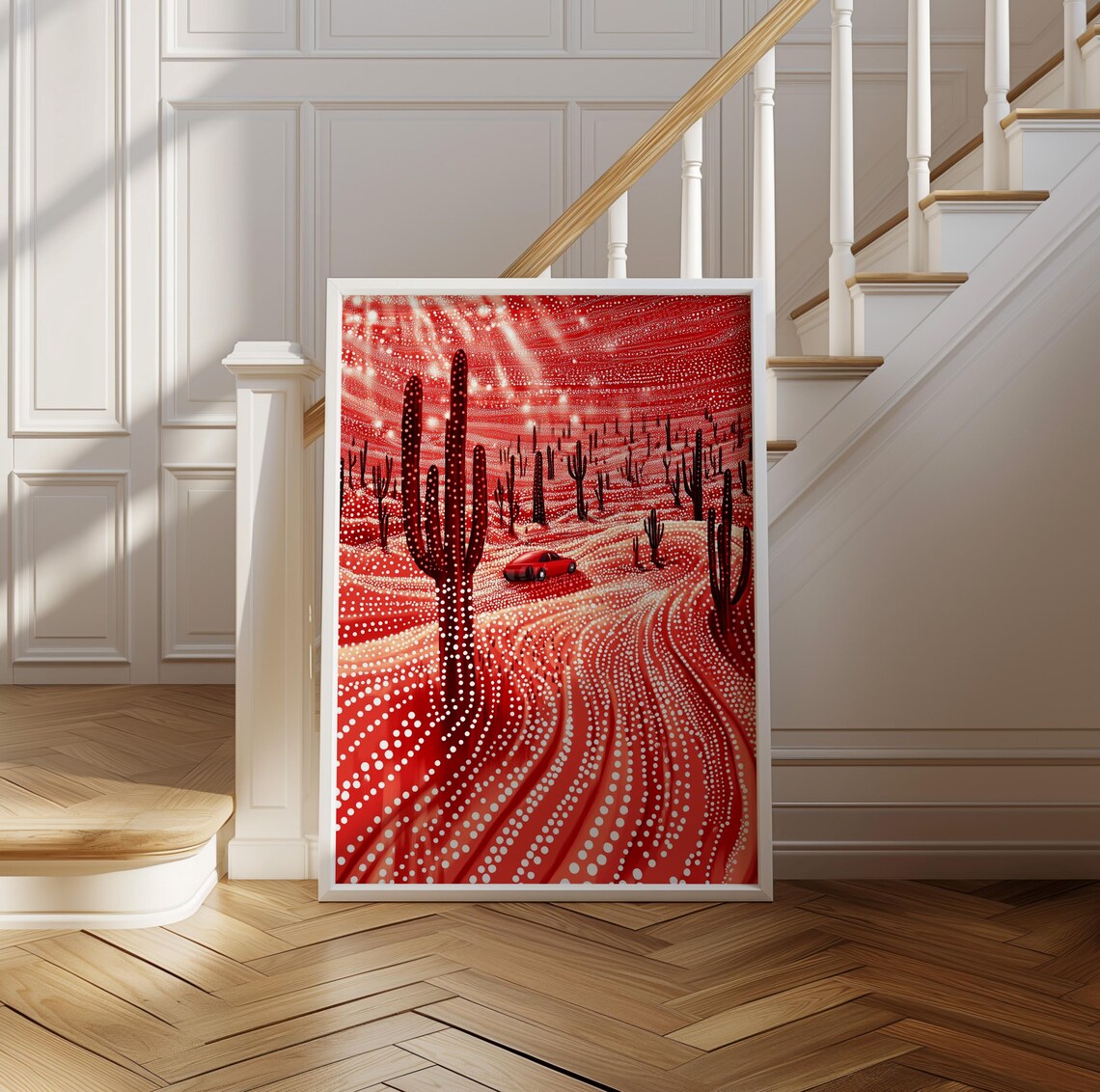 Red Car Crossing Red Dotted Saguaro Desert Kusama Style Poster - Image 2