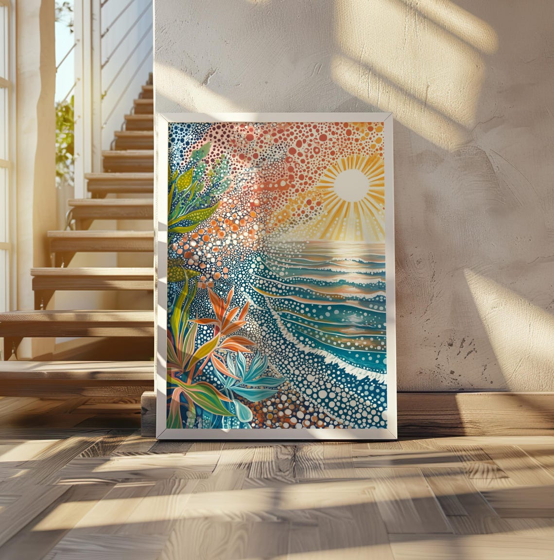 Tropical Beach Sunset in Vibrant Polka Dot Dotted Art Style Poster