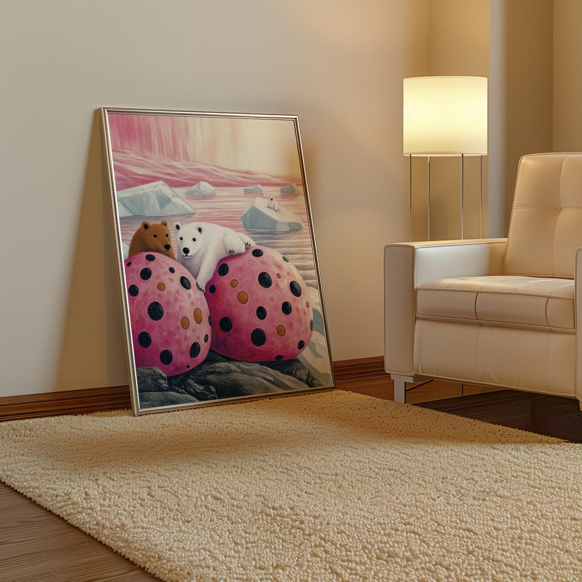 Polar Bears on Giant Pink Polka Dot Pumpkins in Arctic Poster - Image 3