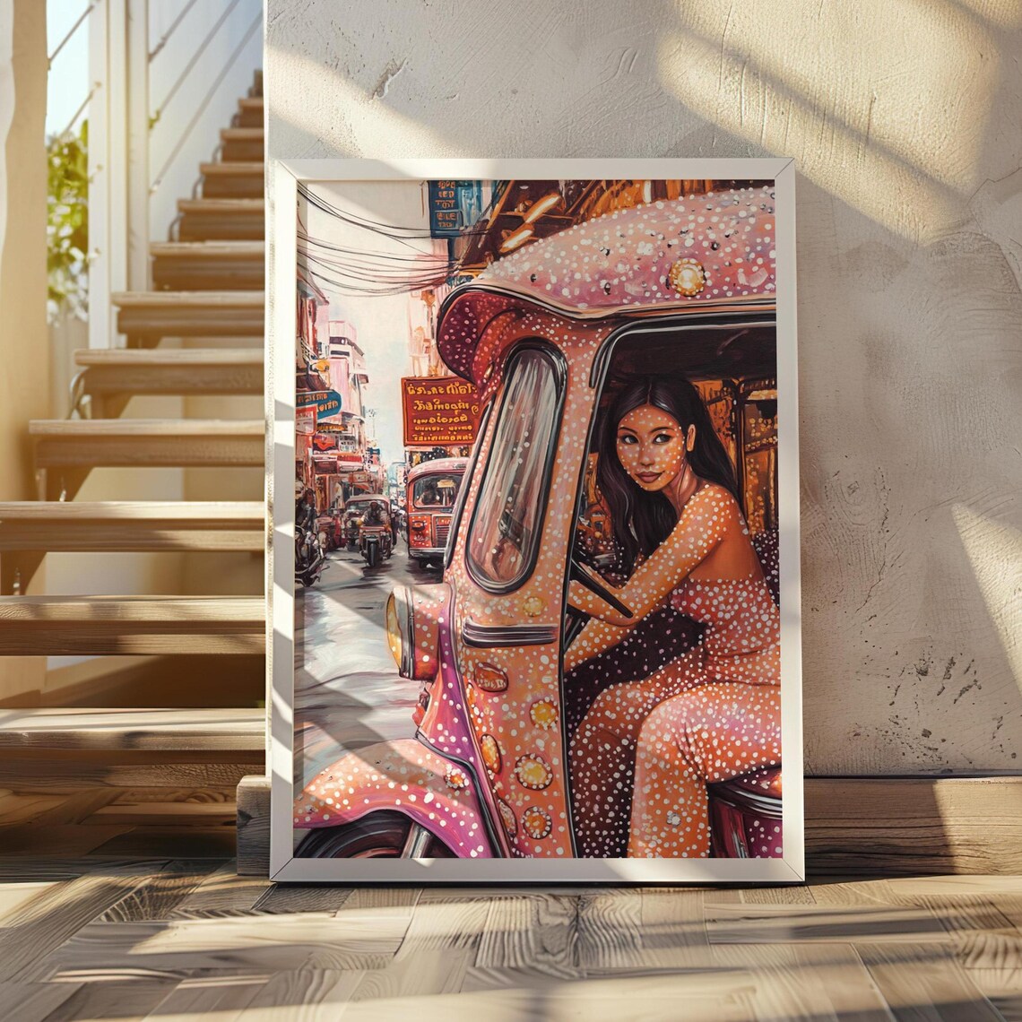 Bangkok Tuk Tuk Street Scene in Pink Polka Dot Pop Art Style Poster
