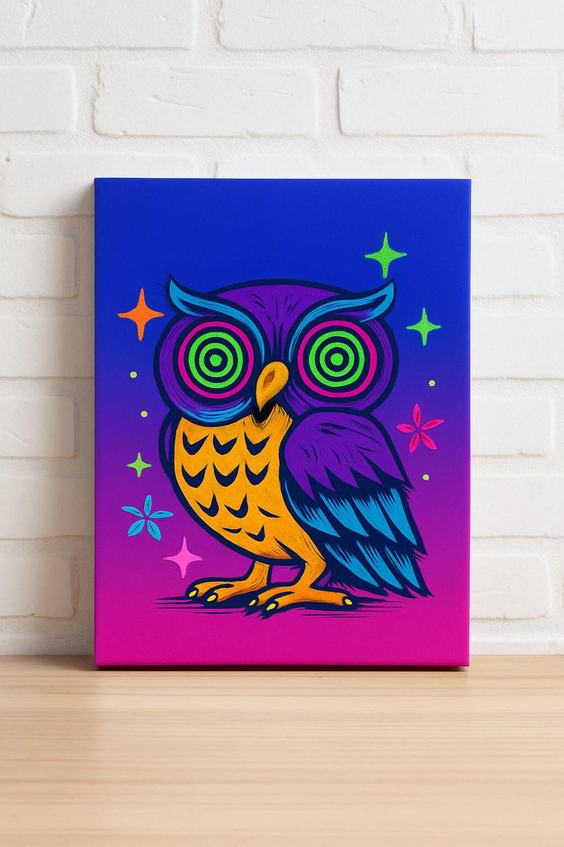 Neon Trippy Owl Swirl Eyes Psychedelic Sparkle Pop Art Poster