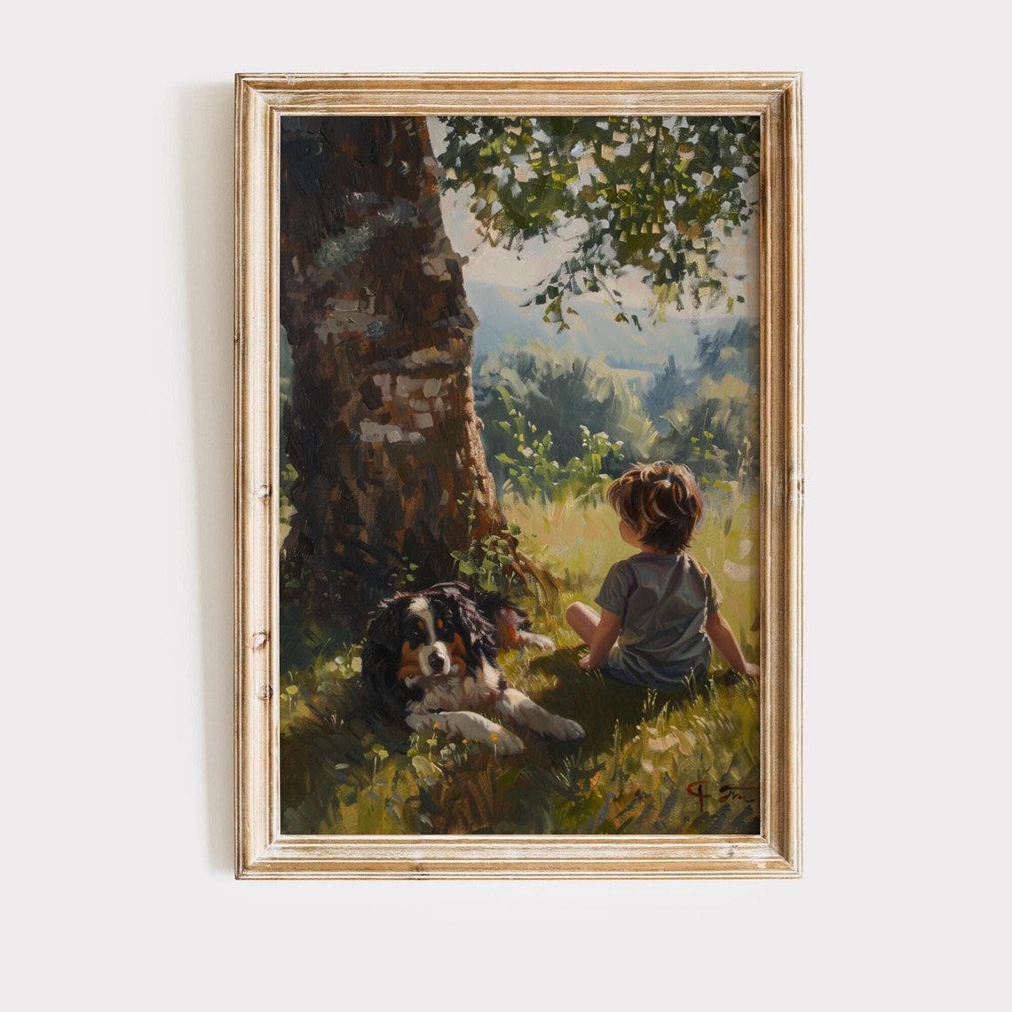 Young Boy Sitting With Bernese Mountain Dog Under Big Tree Wall Art