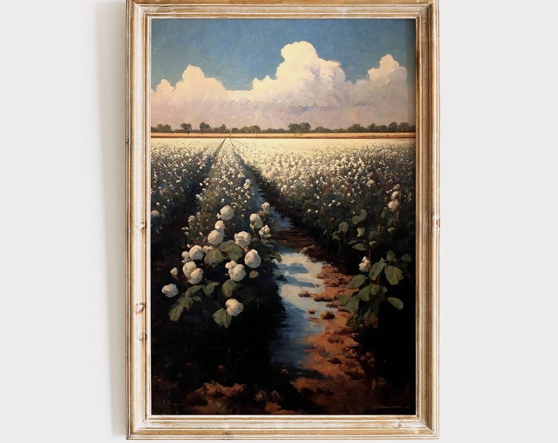 Cotton Field Painting, Vintage Farmhouse Art Print
