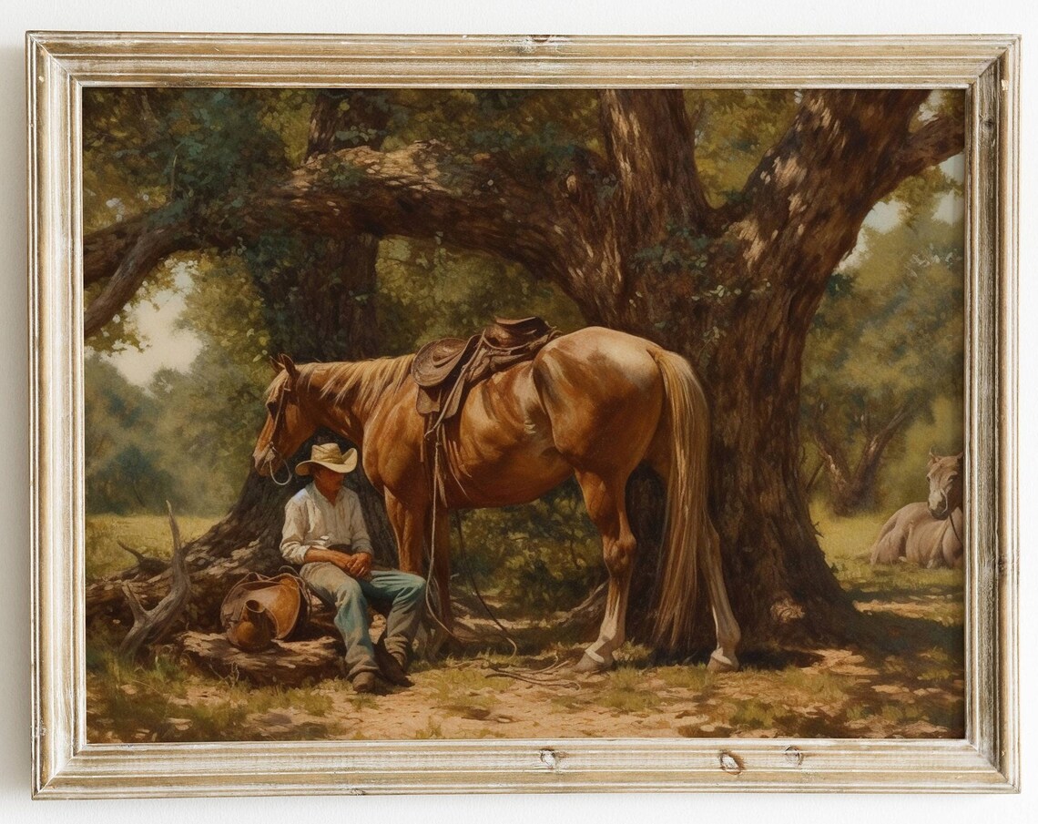 Cowboy Resting Under Oak Tree With Saddled Horse Western Art Poster