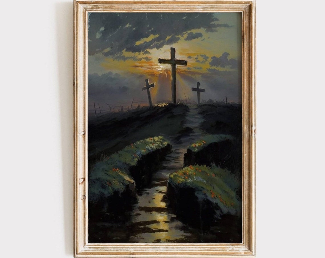 Three Crosses Hill Sunset Rocky Path Dramatic Easter Art Poster
