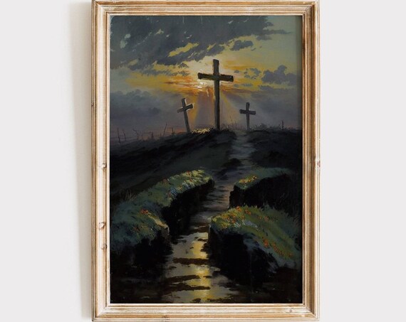 Three Crosses Hill Sunset Rocky Path Dramatic Easter Art Poster
