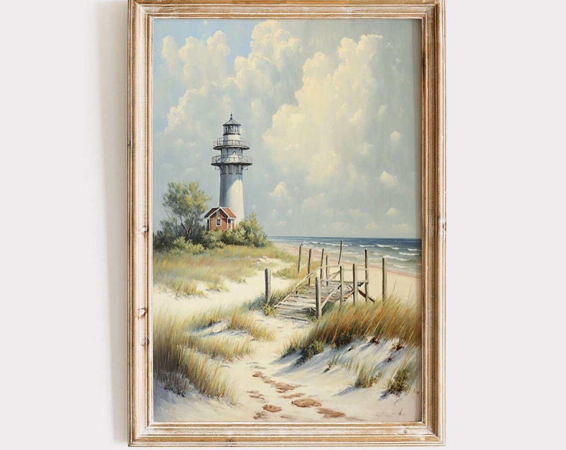 Lighthouse Beach Landscape, Vintage Travel Poster