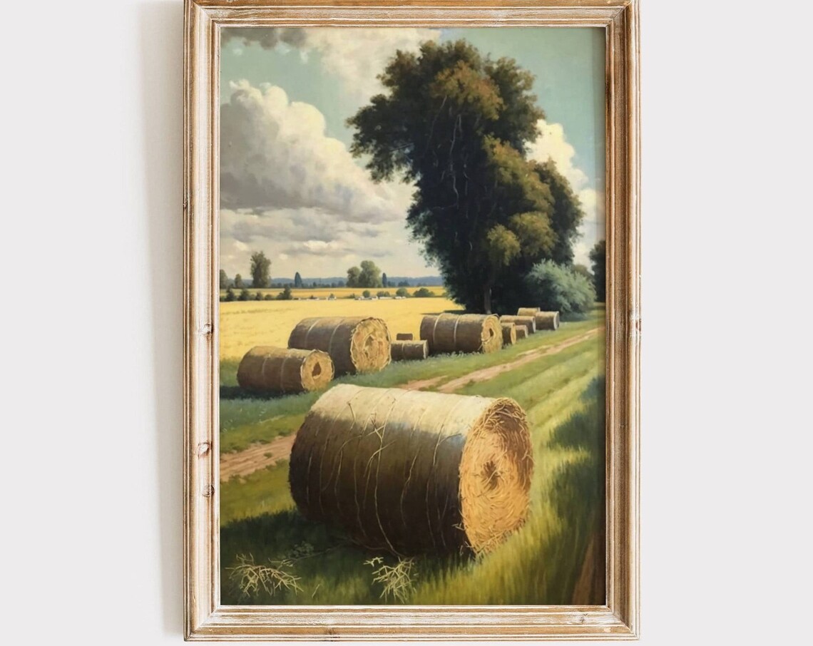 Hay Bales Vintage Oil Painting, Rustic Farm Art Print