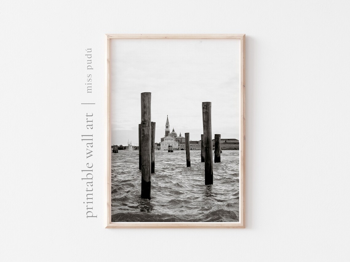 Venice Lagoon Wooden Poles Black And White Italian Cityscape Print - Image 3