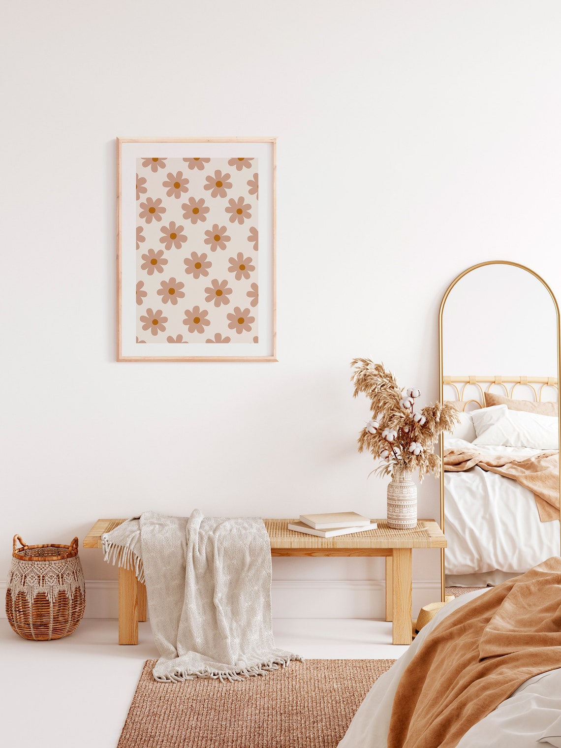 Retro Daisy Flower Pattern Terracotta Cream Nursery Boho Print - Image 2
